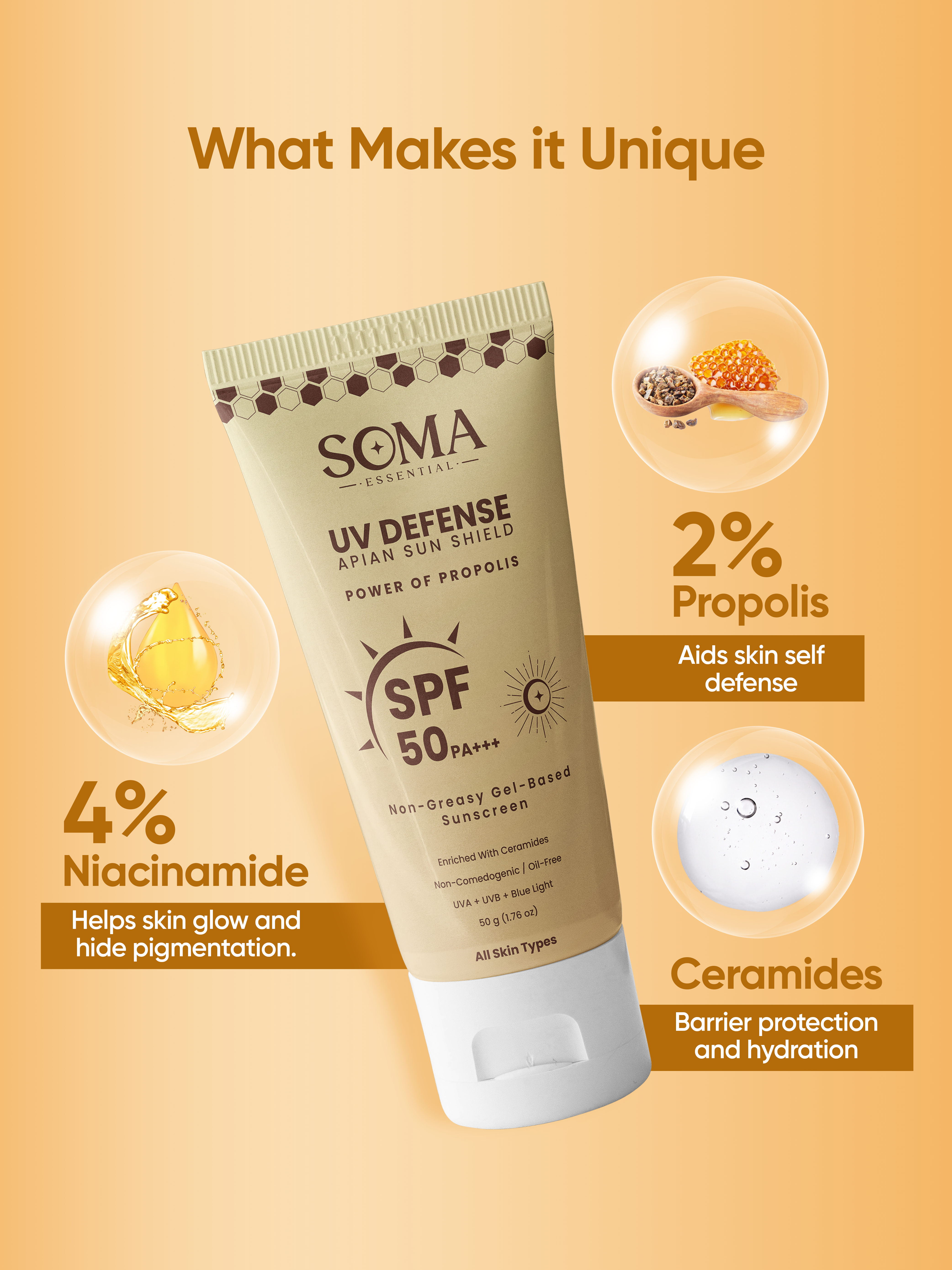 Propolis Based Apian Sunshield, 4% Niacinamide & Ceramides