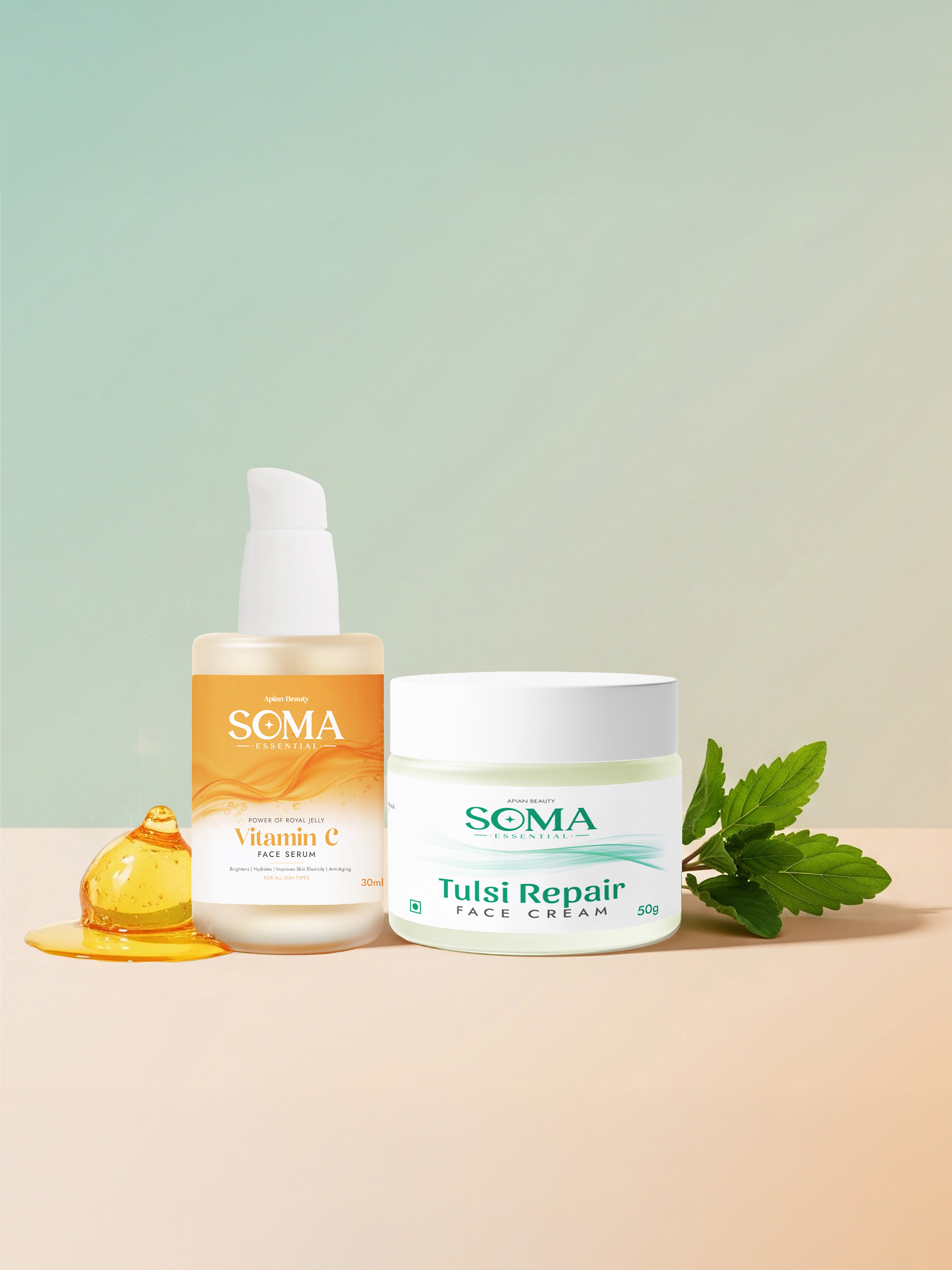 Apian Night calm Ritual - Tulsi Night Cream + Royal Jelly Vitamin C Serum