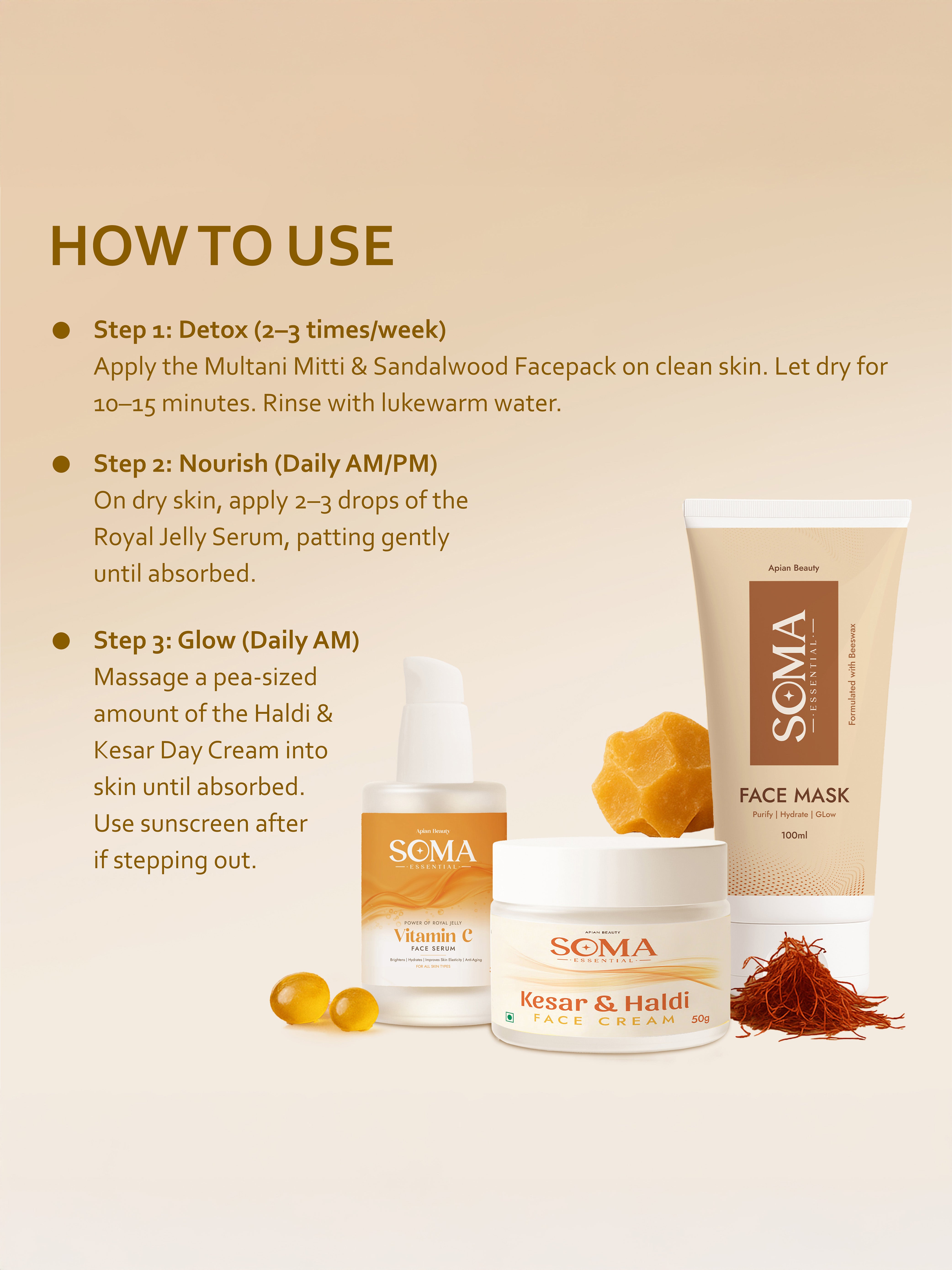 D-Tan Mask +  Royal Jelly Vitamin C Serum + Day cream For Weekly Glow